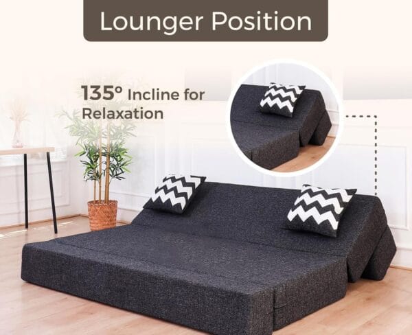 uberlyfe 3 Seater Sofa Cum Bed | Jute Fabric Washable Cover | 2 Cushions Zigzag Pattern | Dark Grey | 6' X 6' Feet - Image 5