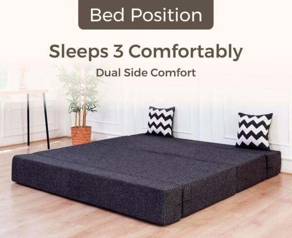 uberlyfe 3 Seater Sofa Cum Bed | Jute Fabric Washable Cover | 2 Cushions Zigzag Pattern | Dark Grey | 6' X 6' Feet - Image 8