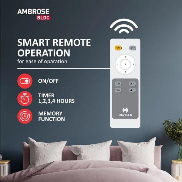 Havells 1200mm Ambrose BLDC Motor Ceiling Fan – Remote Control, Energy Saving (Midnight) - Image 5