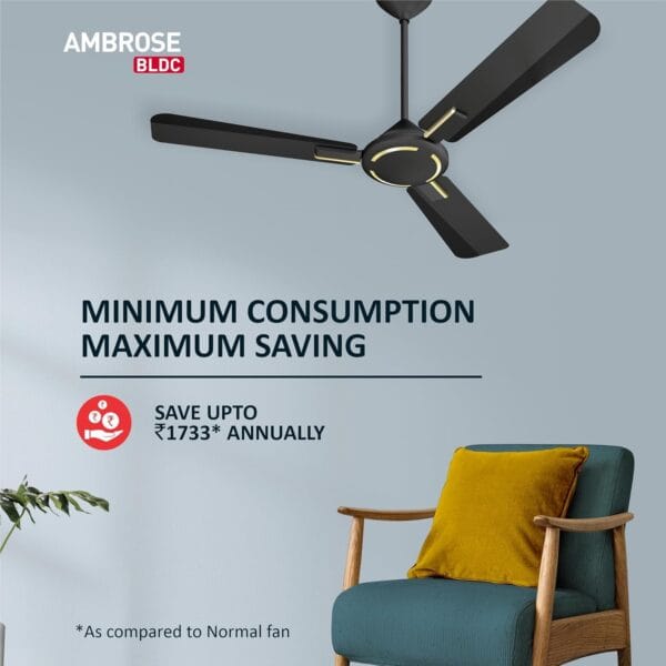 Havells 1200mm Ambrose BLDC Motor Ceiling Fan – Remote Control, Energy Saving (Midnight) - Image 2