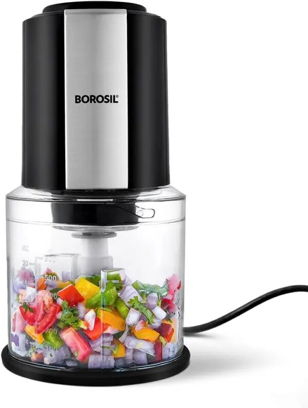 Borosil Chef Delite 300 Watts Electric Chopper for Kitchen, Twin Blade Technology, 600 ml 'Chop-N-Store' Bowl with Lid – Chop, Mince, Dice, Whisk, Blend