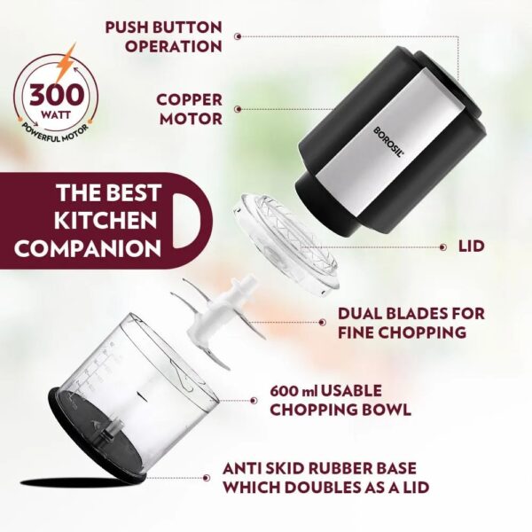 Borosil Chef Delite 300 Watts Electric Chopper for Kitchen, Twin Blade Technology, 600 ml 'Chop-N-Store' Bowl with Lid – Chop, Mince, Dice, Whisk, Blend - Image 8