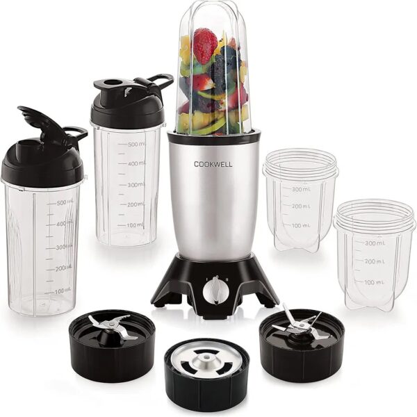 Cookwell Bullet Mixer Grinder (5 Jars, 3 Blades, Silver) - Copper Motor, 600 Watts - 2 Year Warranty