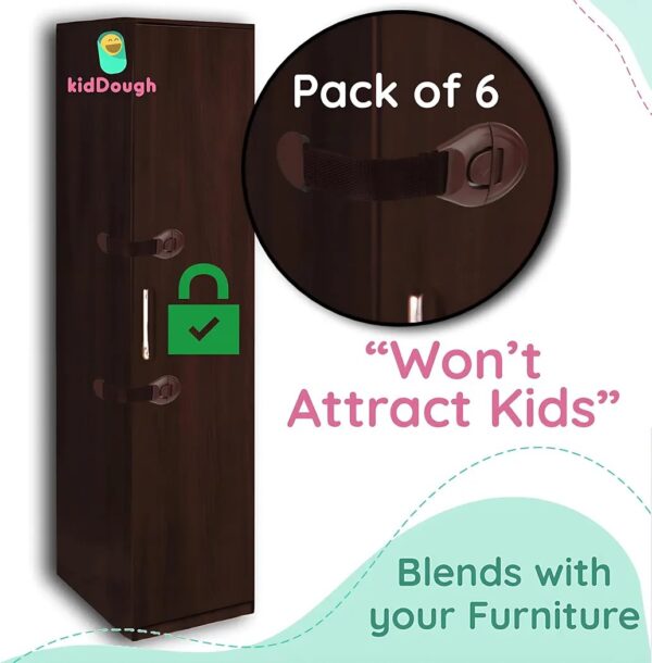 KidDough Furniture Safety Locks for Kids - Pack of 6 Brown Locks, Child Safety Locks for Drawers, Cabinets, Fridge, Cupboard Lock, Baby Proofing Product - Image 8