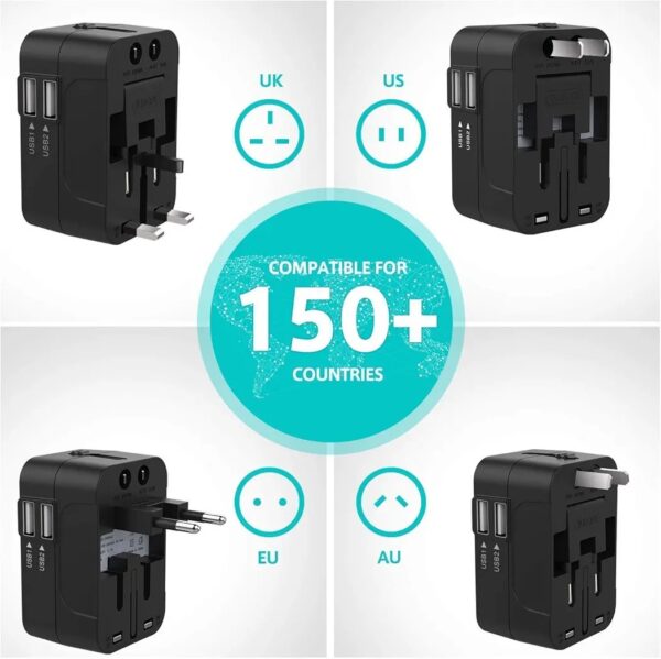 rts Universal Travel Adapter, International All in One Worldwide Travel Adapter and Wall Charger with USB Ports, Multi Type Power Outlet, USB 2.1A, 100-250V (Black) - Image 3