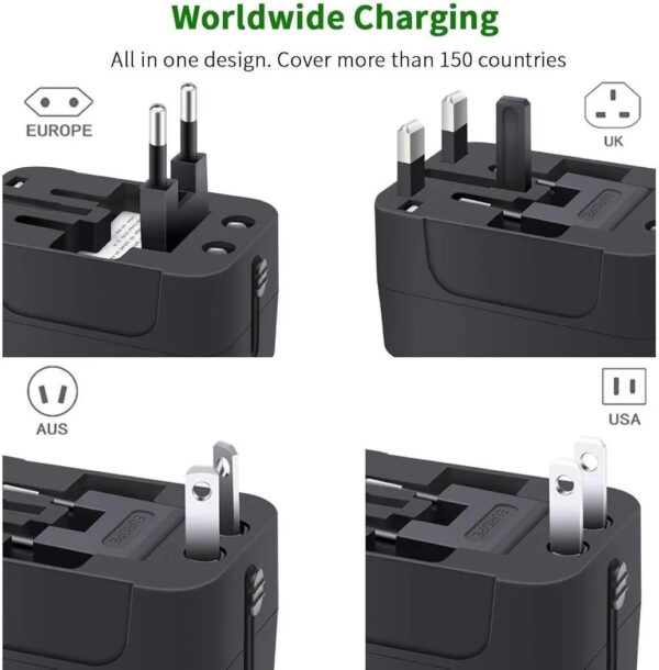 rts Universal Travel Adapter, International All in One Worldwide Travel Adapter and Wall Charger with USB Ports, Multi Type Power Outlet, USB 2.1A, 100-250V (Black) - Image 5
