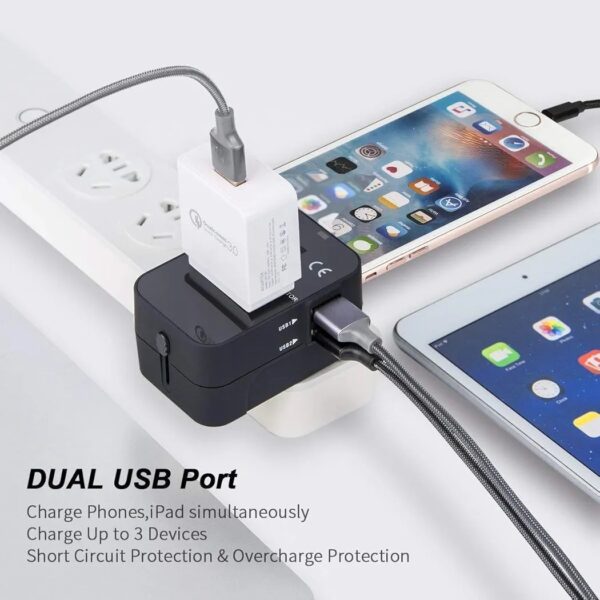 rts Universal Travel Adapter, International All in One Worldwide Travel Adapter and Wall Charger with USB Ports, Multi Type Power Outlet, USB 2.1A, 100-250V (Black) - Image 2