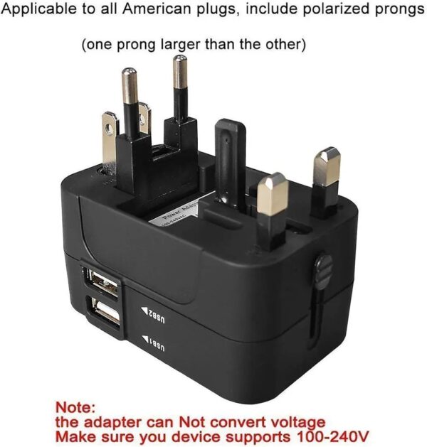 rts Universal Travel Adapter, International All in One Worldwide Travel Adapter and Wall Charger with USB Ports, Multi Type Power Outlet, USB 2.1A, 100-250V (Black) - Image 8