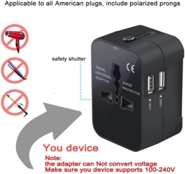 rts Universal Travel Adapter, International All in One Worldwide Travel Adapter and Wall Charger with USB Ports, Multi Type Power Outlet, USB 2.1A, 100-250V (Black) - Image 9