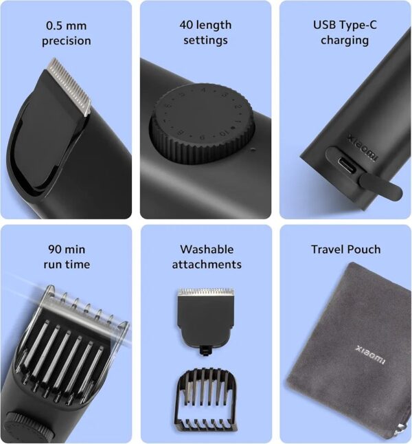 MI Xiaomi Beard Trimmer 2C – 0.5mm Precision, USB Type-C, 2 Beard Combs, 40 Length Settings, 90 Min Runtime (Black) - Image 6