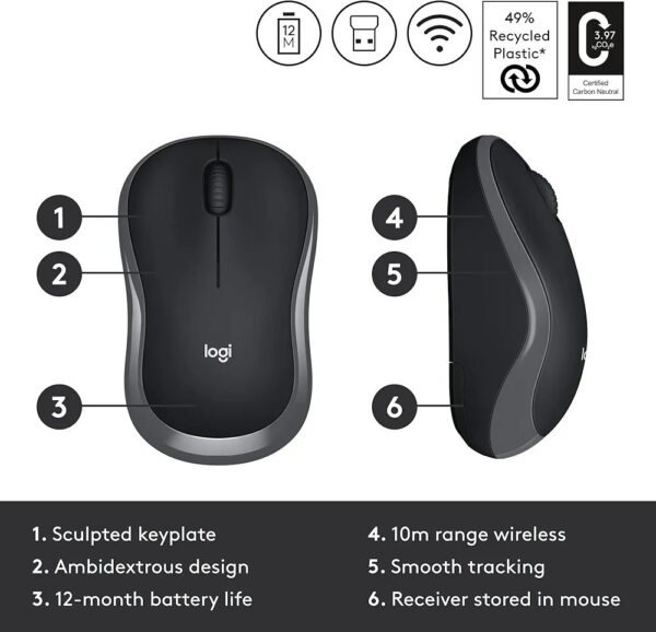 Logitech M186 Wireless Mouse, 2.4GHz with USB Mini Receiver, 12-Month Battery Life, 1000 DPI Optical Tracking, Ambidextrous, Compatible with PC, Mac, Laptop - Image 6