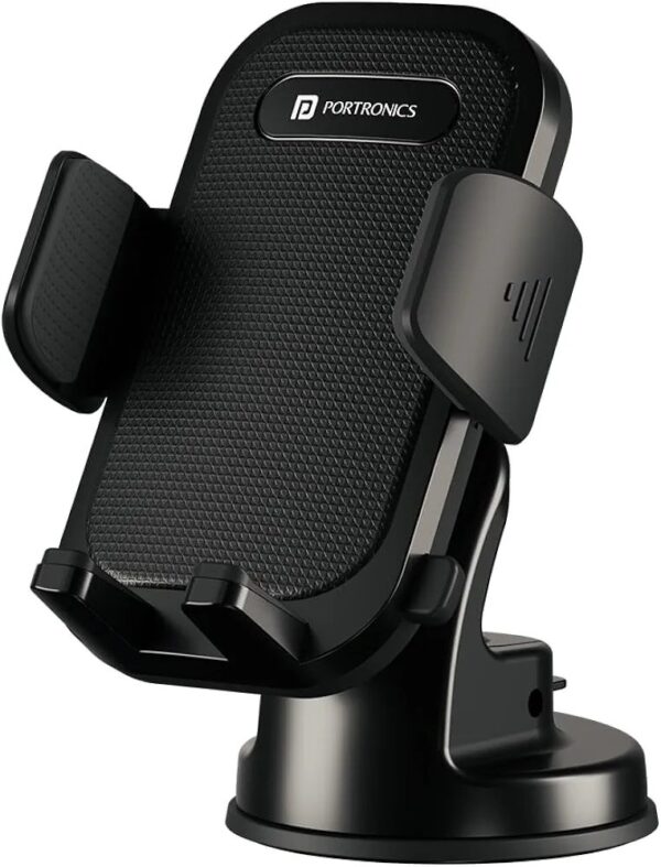 Portronics Clamp M4 Car Phone Holder Stand with 360 Degree Rotation, Suction Cup Mount, Shockproof Mobile Stand (Black)