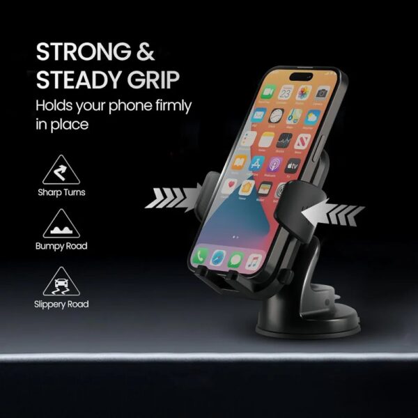Portronics Clamp M4 Car Phone Holder Stand with 360 Degree Rotation, Suction Cup Mount, Shockproof Mobile Stand (Black) - Image 2