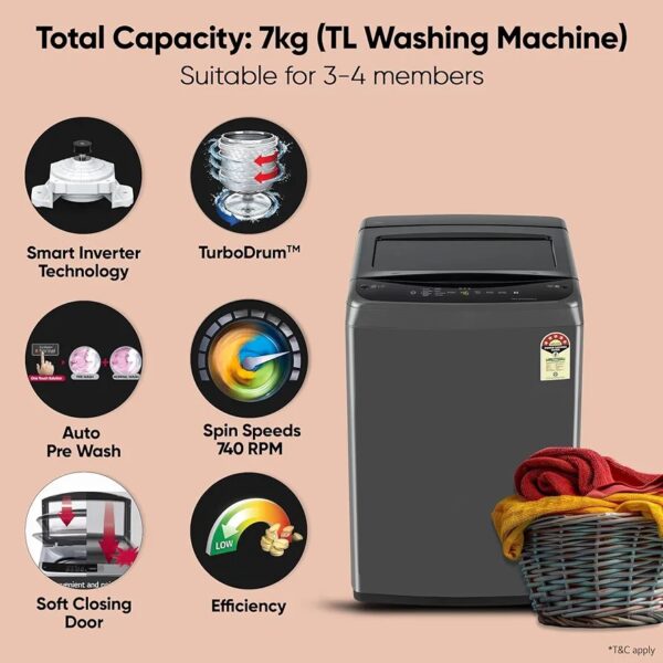 LG 7 Kg 5 Star Smart Inverter Fully Automatic Top Load Washing Machine (T70VBMB1Z, Middle Black) - Image 7