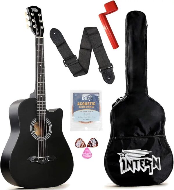 Intern INT-38C Acoustic Guitar Kit – 38 Inch Right-Handed Guitar with Bag, Strings, Pick & Strap – Black