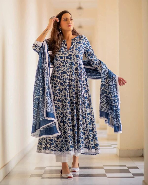 MEERA FAB Women's Cotton Printed Anarkali Kurta with Palazzo & Dupatta Set - Image 2