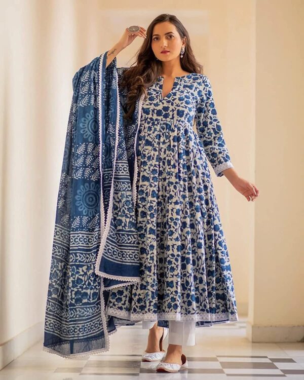 MEERA FAB Women's Cotton Printed Anarkali Kurta with Palazzo & Dupatta Set - Image 5