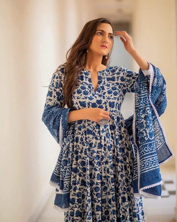 MEERA FAB Women's Cotton Printed Anarkali Kurta with Palazzo & Dupatta Set - Image 3