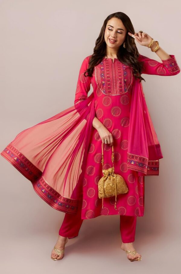 GoSriKi Women's Cotton Blend Straight Printed Kurta with Pant & Dupatta - Image 6