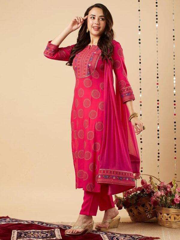 GoSriKi Women's Cotton Blend Straight Printed Kurta with Pant & Dupatta - Image 5