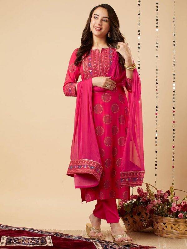 GoSriKi Women's Cotton Blend Straight Printed Kurta with Pant & Dupatta - Image 4