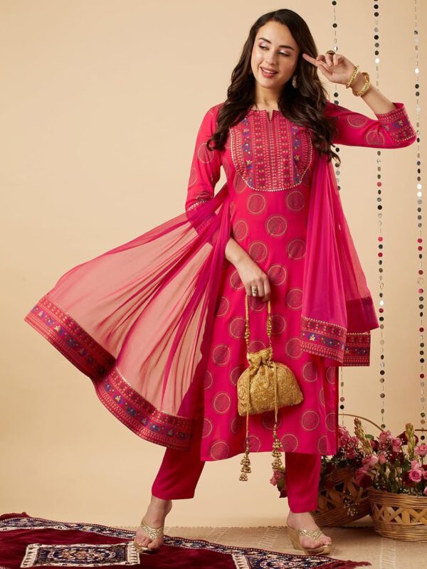 GoSriKi Women's Cotton Blend Straight Printed Kurta with Pant & Dupatta