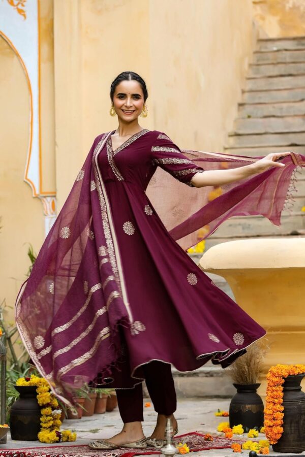 GoSriKi Women's Rayon Blend Printed Anarkali Kurta with Pant & Dupatta - Image 2