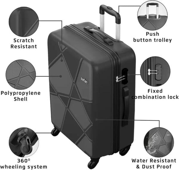 Safari 3 Pc Luggage Set - Hardside Trolley Bags with 8 Wheels for Travel (55cm, 66cm, 75cm) - Image 8